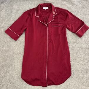 Bed to Brunch Satin Pajama Shirt Dress Red Embroidered Roses Women’s M